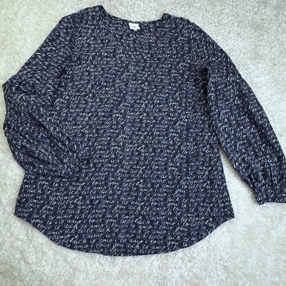 Cabi Te Amo Love Letters V Neck Blouse Navy Blue